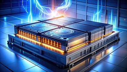 Modern data center with illuminated server rack featuring blue and orange LEDs, organized hardware units, reflective floors, and digital infrastructure—symbolizing cloud computing and IT systems.