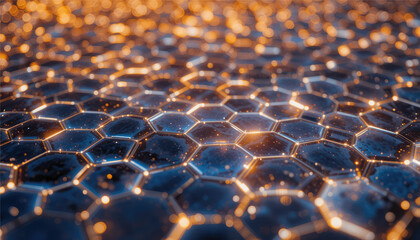 Blue and black geometric stone pattern with a metallic grid texture, a macro backdrop of a futuristic steel mesh