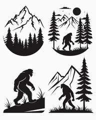 Fototapeta premium Epic Bigfoot Silhouette Vector Collection with Forest, Mountain, and Mythical Cryptid Scenes 