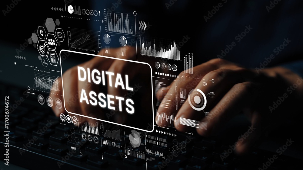 Poster hands typing on keyboard with overlaid graphics representing digital assets and data analysis for te
