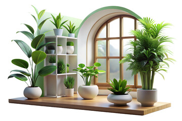 Indoor Plants and White Flowers on Wooden Shelf on transparent background- 3D rendering