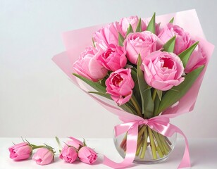 Pink tulips and roses in a bouquet