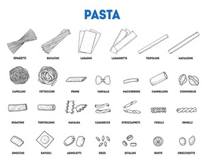 Traditional Italian pasta sketch collection. Italian food. Staple food. Hand drawn vector illustration. Design elements for packaging, menu. Not AI