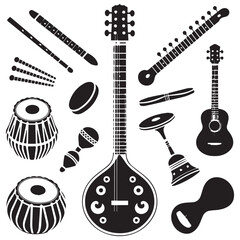 Collection of diverse musical instruments silhouettes featuring indian classical and western string instruments percussion and wind instruments