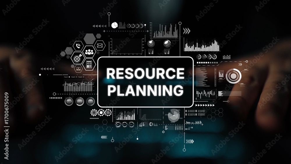 Poster futuristic digital interface showcasing resource planning concepts, analytics, and data visualizatio