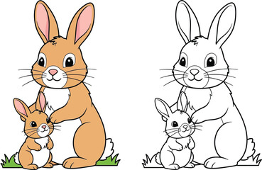 Cute Cartoon Mother and Baby Bunny with Outline for Coloring Book