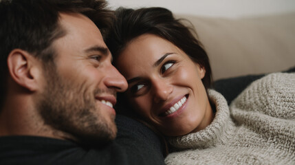 Obraz premium Husband and wife relaxing on comfortable couch.