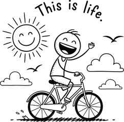 Happy child riding a bicycle with sun and birds, isolated on white background