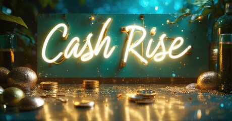 Bright neon sign displays Cash Rise. Gold coins, spheres surround it. Dark background creates dramatic effect. Sparkling light enhances visual appeal.