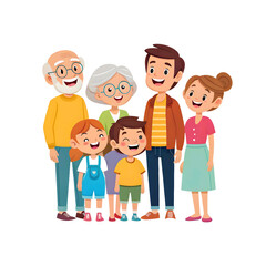 Happy cartoon family generation portrait isolated on transparent background
