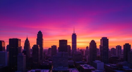 Fototapeta premium A vibrant sunrise paints the skyline of a bustling city. Silhouetted skyscrapers stretch against a fiery, purple-pink dawn