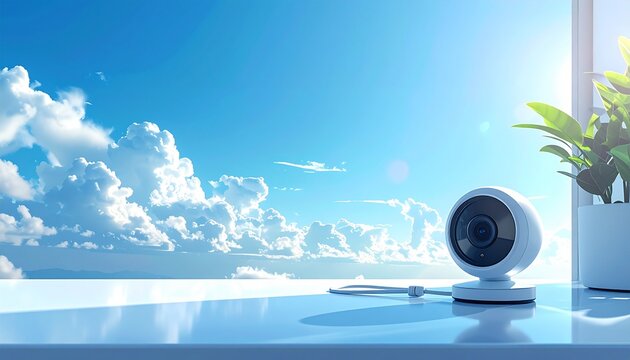 Modern security camera overlooking a bright blue sky with fluffy clouds.