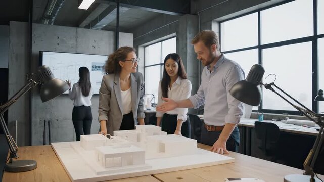 A professional scene of diverse architects collaborating discussing around architectural buildings models and blueprints in a modern office studio space video.