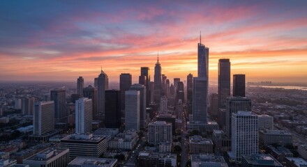 Fototapeta premium Aerial view of a city skyline at sunrise. Skyscrapers, diverse structures, vibrant colors