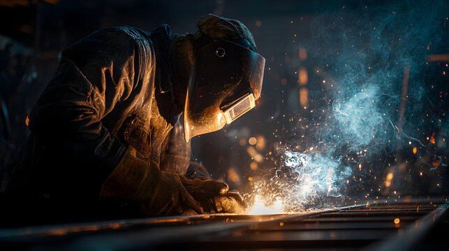 Skilled welder working on metal with bright sparks flying in a dark workshop