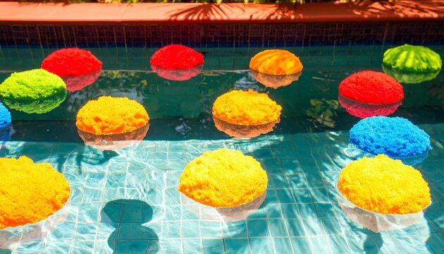 Colorful round objects float on a swimming pool