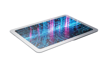 Luminous, dynamic digital projection of intricate electric blue and neon pink circuit board patterns flickering on a matte white metallic panel, clean copy space. Concept of futuristic data flow