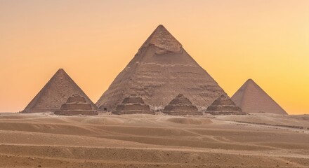 Ancient pyramids at dawn, golden hour, vast desert landscape