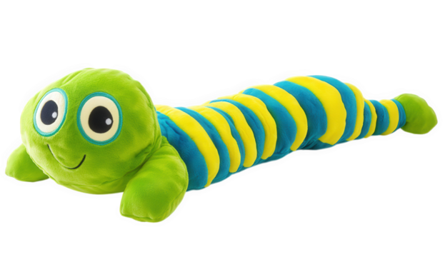 Cute green and yellow striped caterpillar plush toy isolated on transparent background
