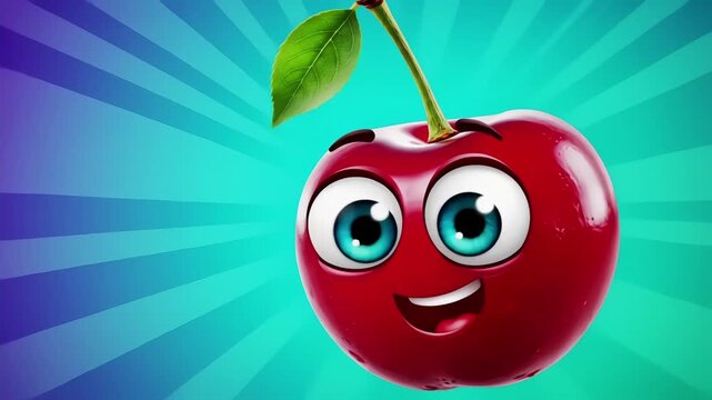 Cartoon cherry with an expressive face, on a colorfully animated background