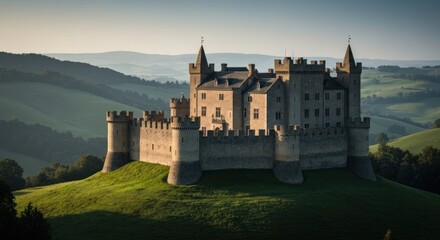 Ancient stone castle atop a grassy hill, surrounded by rolling hills and a hazy sky