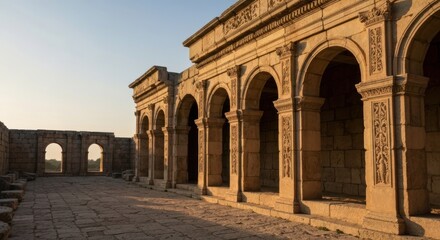 Obraz premium Ancient stone arches and colonnades at sunrise.?Sunlight highlights intricate stonework