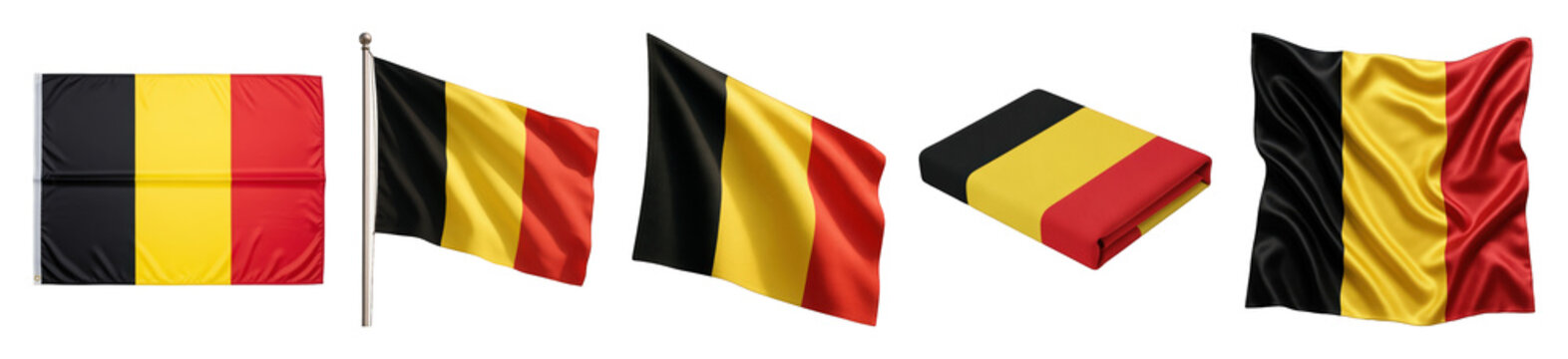Belgian flag set including waving, on a flagpole, flat, and folded stages isolated. National identity and country symbol collection.