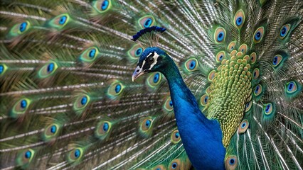 Obraz premium A captivating close up portrait of a peacock s vibrant feathered head