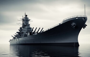 Powerful gray battleship floating on dark water beneath cloudy horizon with turrets quiet strong and guarded in solemn maritime presence