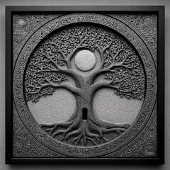 Intricate, detailed carving of a cosmic tree of life, a profound symbolic design, displayed in a circular frame, featuring deep relief and rich grayscale tones.