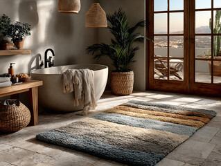 a modern bathroom with a freestanding bathtub, a large rug with earthy tones, and a large window offering a scenic view of distant mountains. The bathroom features wooden accents, potted plants