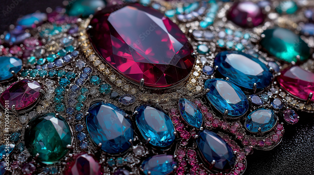 Poster a vibrant display of various gemstones and crystals in different shapes and colors. the arrangement 