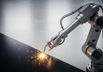 Robotic industrial arm holding welding torch with glowing spark illuminating plain metallic surface under steady motion demonstrating precise power and advanced mechanical accuracy