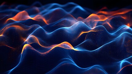 Obraz premium Abstract Blue and Orange Glowing Waveform Landscape photo background