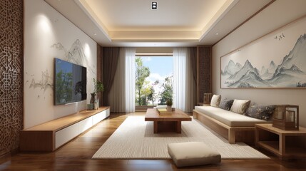 Fototapeta premium A serene living room featuring nature-inspired art and simple furniture design