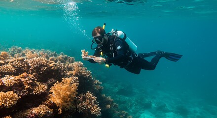 Fototapeta premium Scuba Diver Exploring Coral Reef Underwater with Equipment in Clear Blue Ocean