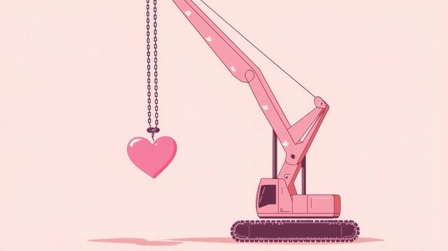 Pink crawler crane lifting pink heart with chains on pink background, representing love and construction