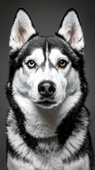 Obraz premium Intense Stare: A Striking Portrait of a Husky with Heterochromia, Showcasing its Unique Blue and Brown Eyes Against a Gray Backdrop