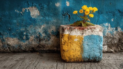 Yellow flower on concrete brick painted in colors of the flag of ukraine symbolizing peace and hope