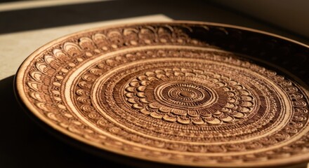 Fototapeta premium Close-up of a decorative, light brown ceramic plate with intricate, carved, floral designs. Sunlight highlights the patterns