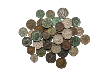 Tarnished ancient bronze and silver coins with worn markings and diverse patinas, scattered on transparent with copy space, top-down macro. Concept of forgotten history.