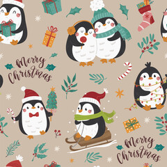 Vector Christmas seamless pattern with cute penguins and Christmas tree.