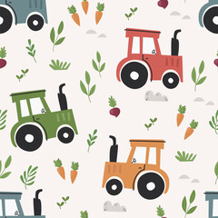 Vector seamless pattern with cute tractors and vegetables. Pattern for bedroom, wallpaper, kids and baby wear.