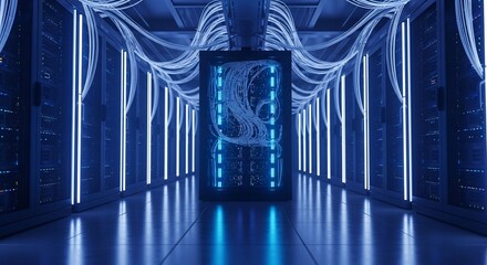 Illuminated Server Room with Intricate Cable Network