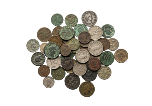 Tarnished ancient bronze and silver coins with worn markings and diverse patinas, scattered on transparent with copy space, top-down macro. Concept of forgotten history. - Powered by Adobe