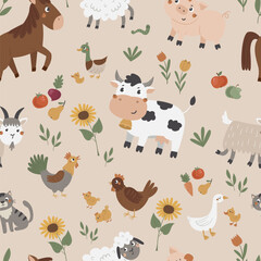 Vector seamless pattern with cute farm animals. Great for wallpaper, textiles, wrapping paper, greeting cards and other