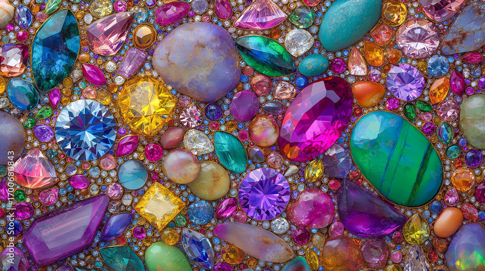 Poster a vibrant display of various gemstones and crystals in different shapes and colors. the arrangement 