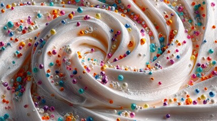 Creamy white frosting swirl decorated with multicolored sprinkles for confectionery baking, close-up view