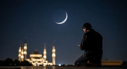 Night Prayer Silhouette Against Crescent Moon and Mosque