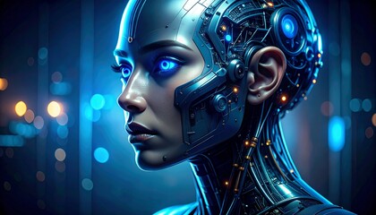 Futuristic cyborg woman gazes ahead with glowing blue eyes, a vision of advanced AI and technological innovation